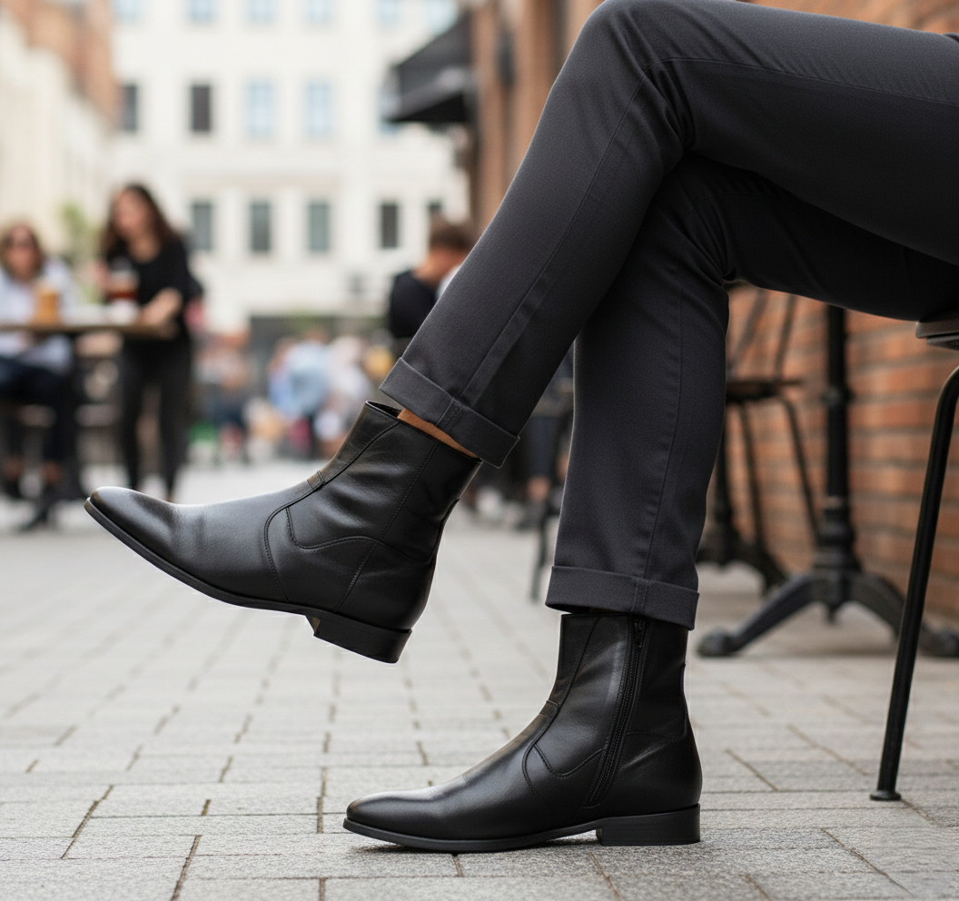 Bota 5705 Caballero Mestizo Liso Negro Suela Cuero