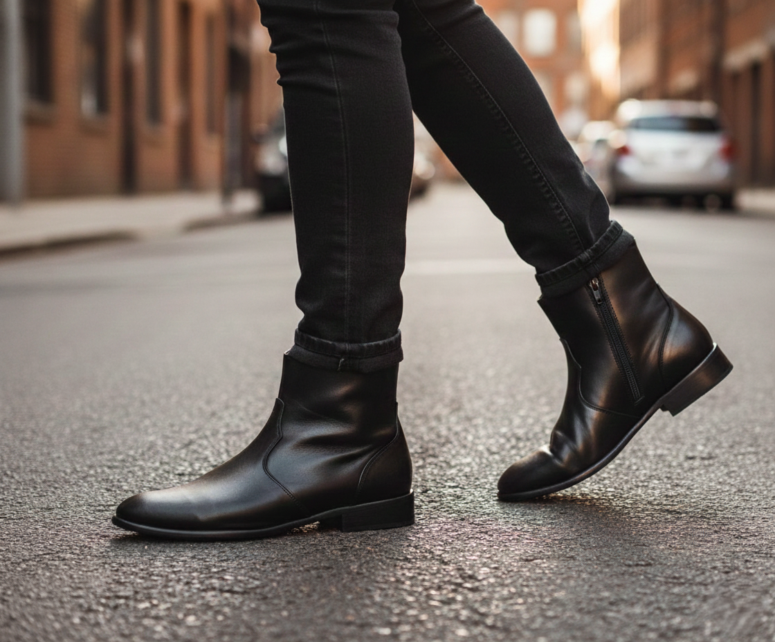 Bota 5606 Caballero Mestizo Liso Negro Suela Cuero Natural